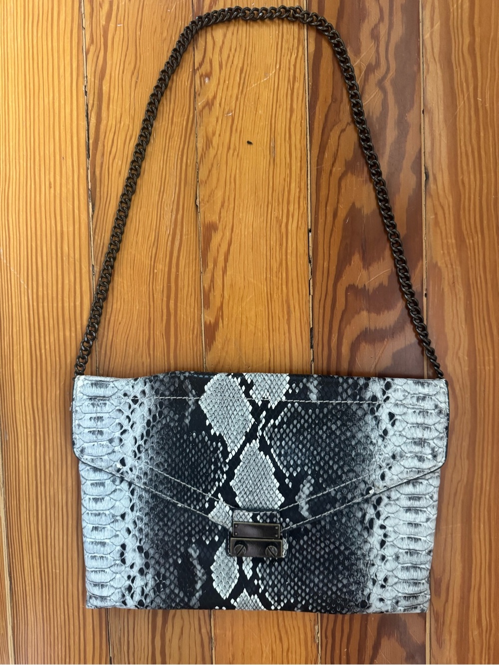J Crew Faux Snake Black & White Shoulder Bag with Chain Strap